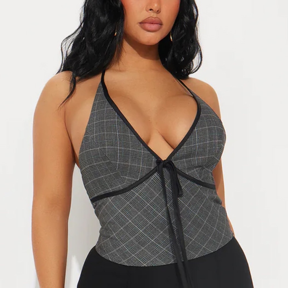 plaid preppy halter top tie back bow front deep v neck sexy y2k Dark Academia XL